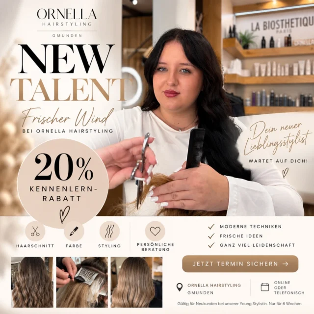 ✨ NEW TALENT bei ORNELLA HAIRSTYLING ✨ Frischer Wind, neue Ideen und ganz viel Leidenschaft fürs Haar! 🤍✂️ Unsere Young Stylistin hat ihre Ausbildung erfolgreich abgeschlossen und startet jetzt voller Motivation in ihre Zukunft als Friseurin! ✨ Mit Kreativität, Liebe zum Detail und frischen Ideen freut sie sich darauf, auch dich mit einem neuen Look zu begeistern. 💕 UNSER KENNENLERN-SPECIAL Als kleines Willkommensgeschenk erhältst du 20 % Rabatt auf deinen ersten Termin bei unserer Young Stylistin! Ob ein frischer Haarschnitt, eine neue Haarfarbe oder ein wunderschönes Styling – wir freuen uns auf neue Gesichter! 🤍 📲 Jetzt Termin sichern – ganz einfach über unsere Onlinebuchung! Gültig für Neukunden bei unserer Young Stylistin Aktion für 6 Woche